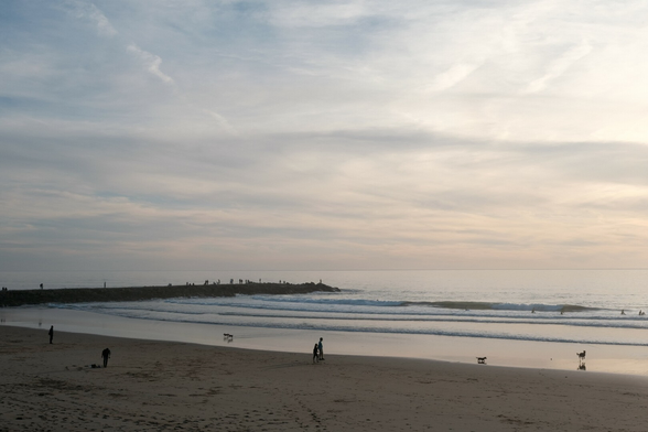 View of the beach at dusk, on a calm and sunny day.