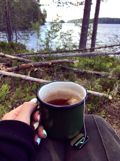 A cup of tea in the woods; a lake can be also seen in the upper part of the pic.