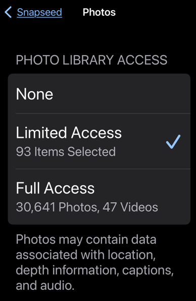Screenshot of the Snapseed app displaying photo library access options, showing three access levels: "None," "Limited Access" (with 93 items selected), and "Full Access" (30,641 photos and 47 videos). Additional text notes that