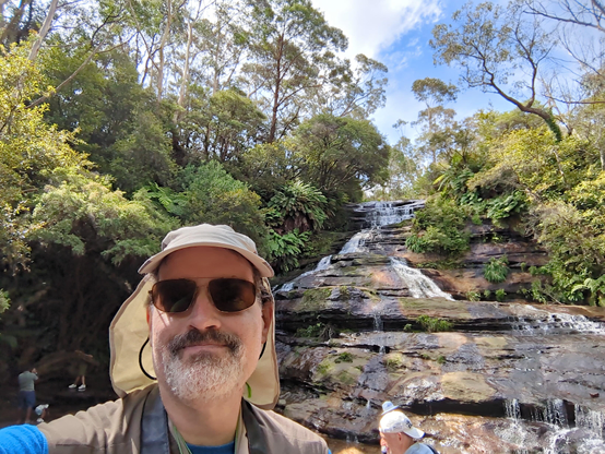selfie at Katoomba Falls where water cascades down rocks
photo by Ian Kluft
Katoomba NSW, Australia
24 January 2025