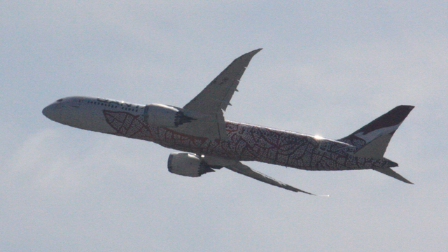 Qantas Boeing 787-9 Dreamliner in "Yam Dreaming" Aboriginal art special livery, reg VH-ZND, in flight departing Sydney
photo by Ian Kluft
27 January 2025
Sydney Kingsford Smith Airport SYD/YSSY, Sydney, New South Wales, Australia