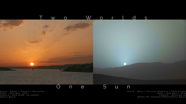 NASA image caption:

Two Worlds, One Sun
Left Image Credit & Copyright: Damia Bouic;
Right Image Credit: NASA, JPL-Caltech, MSSS; Digital processing: Damia Bouic

Explanation: How different does sunset appear from Mars than from Earth? For comparison, two images of our common star were taken at sunset, one from Earth and one from Mars. These images were scaled to have the same angular width and are featured here side-by-side. A quick inspection will reveal that the Sun appears slightly smaller from Mars than from Earth. This makes sense since Mars is 50% further from the Sun than Earth. More striking, perhaps, is that the Martian sunset is noticeably bluer near the Sun than the typically orange colors near the setting Sun from Earth. The reason for the blue hues from Mars is not fully understood, but thought to be related to forward scattering properties of Martian dust. The terrestrial sunset was taken in 2012 March from Marseille, France, while the Martian sunset was captured in 2015 by NASA's robotic Curiosity rover from Gale crater on Mars. 
