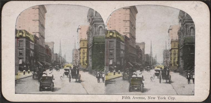 Fifth Avenue, New York City[street view of carriages and pedestrians].