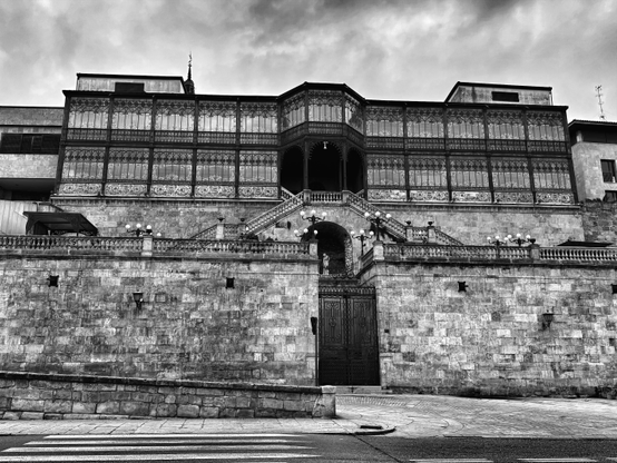 Fotografía en blanco y negro de un edificio de estilo arquitectónico histórico, que parece un museo o una galería de arte.  El edificio tiene múltiples niveles con una fachada de piedra y grandes ventanales con ornamentación metálica. Una amplia escalinata de piedra conduce a la entrada principal, flanqueada por farolas.  El edificio está situado sobre un muro de contención de piedra,  y al frente hay una calle con un paso de peatones. La imagen proyecta una atmósfera clásica y solemne.