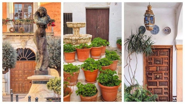 A triptych of three distinct doorways in Andalusia. The left panel shows a statue and a decorated balcony above a wooden door. The center panel features a fountain surrounded by potted plants in a courtyard with a rustic door. The right panel displays an ornate wooden door with a hanging lantern and plants in an arched space.