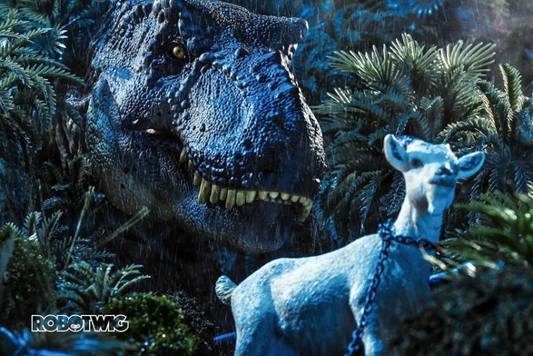 Trex appears from the bushes on an unsuspecting goat that's looking in the opposite direction 