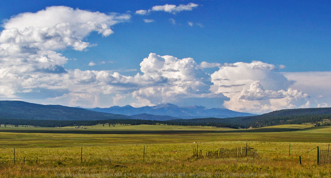 Landscape photo of a mountain range tinted blue by distance seen across a wide basin of sere grasses surrounded by low forested hills; a wire fence is in the foreground; blue sky with building cumulous clouds.
©BosqueBill.com
