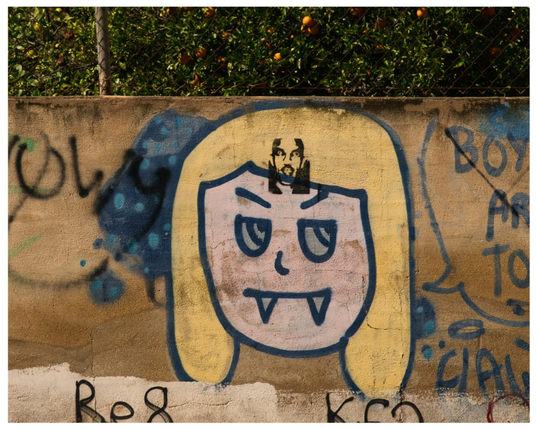 m Vordergrund eine Mauer mit Graffiti. In der Mitte ein  stilisiertes Gesicht mit blonden Haaren, ärgerlichen Augenbrauen und einem Strichmund mit zwei Vampireckzähnen. Auf der Stirn ein schwarzes Stencil eines Porträts mit Bart. Im Hintergrund Orangenbäume