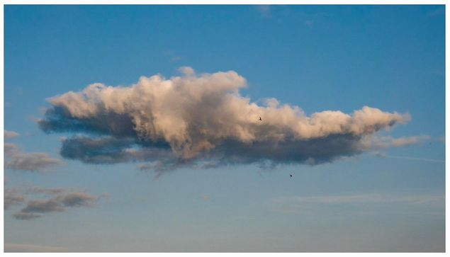 A fluffy cloud floats in a bright blue sky, with a few smaller clouds in the background. Two birds can be seen flying nearby.