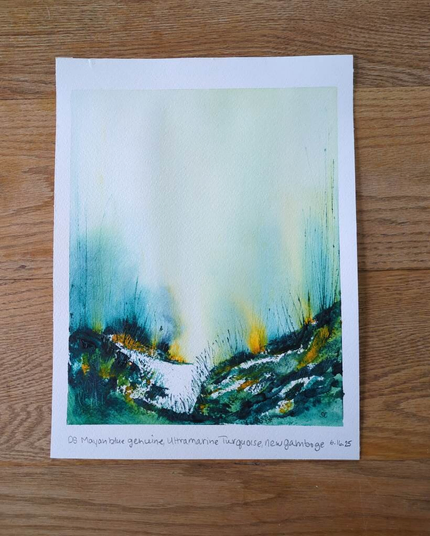This is a Atmospheric Watercolor Landscape Painting in portrait orientation taped off to 8 x10.  It has a split landmass with a large patch of white coming through on the upper left side that expand down as it meets the right side at the center. Colors used are Daniel Smith Mayan Blue Genuine, Ultramarine Turquoise, and New Gamboge.  Blues in masstone are quite dark and define the landmass's structure. The colors are diluted to medium values in the landmass and mingle occasionally to make some vibrant greens. There are grasses along the ridges of the landmass. At the horizon line there are bursts of medium value turquoise and yellow with a little grittiness from the Mayan Blue. Tall grasses reach into the atmosphere dominated by light value yellow with a hint of light value turquoise.