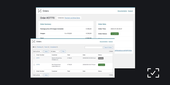 Order view for picu e-commerce in the backend of WP.