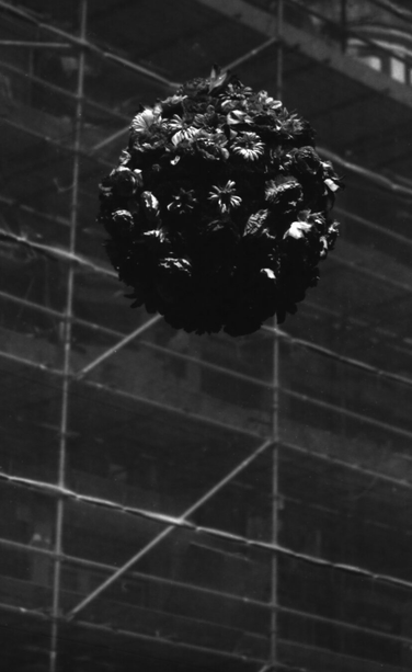A planet of flowers falling from the sky, in the background is a constructions site.