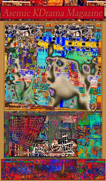 Top line : Asemic KDrama Magazine
Monochrome Man Ray style solarization of the faces of a couple from a Korean Romcom TV show is blended with brightly neon techno-pop coloured background, that incorporates asemic writing, text, and glyphs.