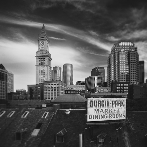 Boston's Customs House Tower and the roof of the old Durgin-Park restaurant at Quincy Market.