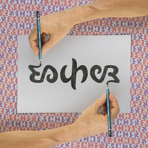 This ambigram composition is a tribute inspired by  Drawing Hands, a famous creation by M. C. Escher. Escher was born on this date in 1898.