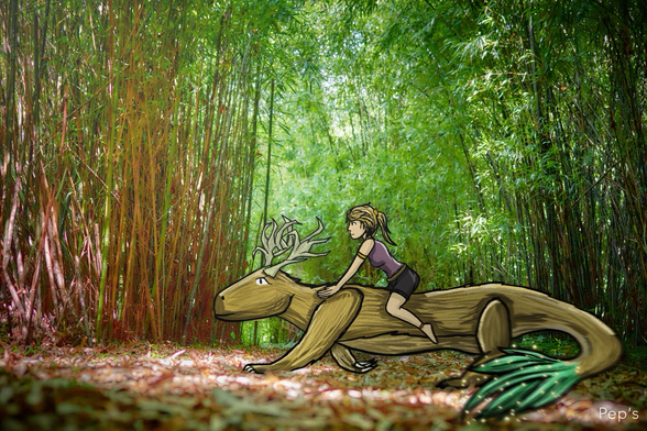Dessin d’une jeune femme chevauchant une créature étrange avec une queue en forme de feuilles et des vois sur la tête dans une forêt de bambous