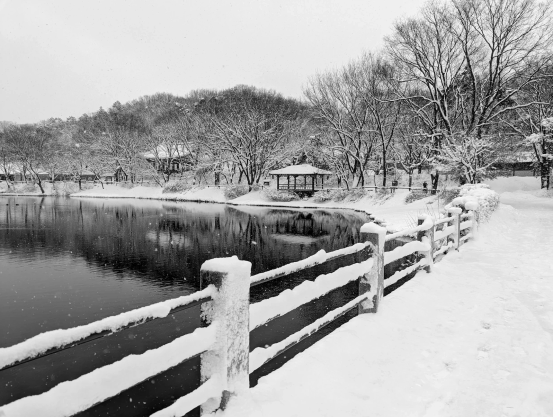 Korean pagodas under the snow with a lake from a bridge