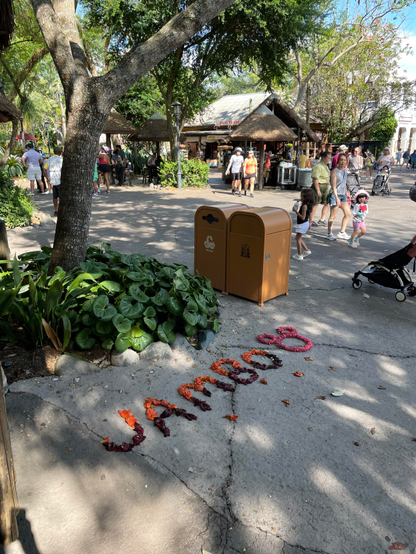 Trash cans near a tree in a theme park setting.  The word "Jambo" is spelled out on the ground in flower petals.