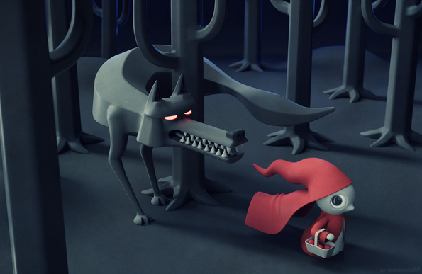 Stylized 3D artwork, showing a big, bad wolf following Little Red Riding Hood.