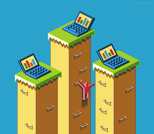 Isometric pixel art, showing a figure climbing a high game-like platform with a laptop on top, while attempting to switch to a similar platform with a different laptop.
