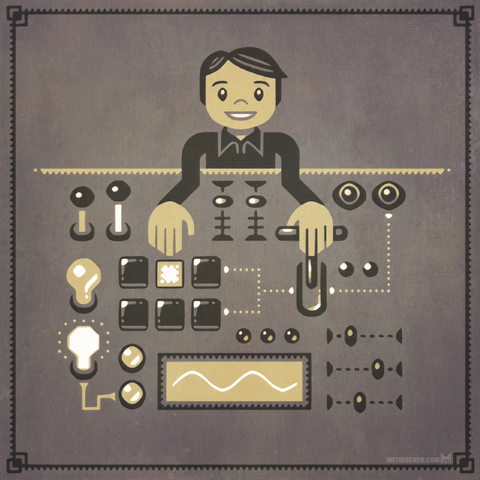 2D illustration, showing a boy enjoying trying all kinds of controls on a large electronic device.