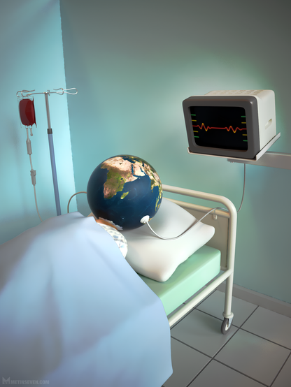 3D cartoon, depicting Earth lying in a hospital bed with a faint graph on a heart monitor.