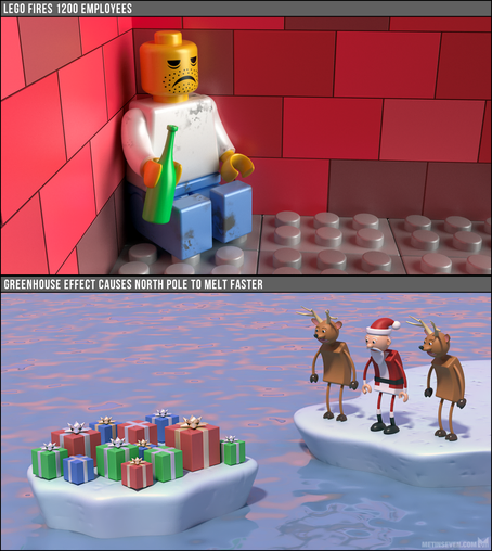 Two 3D news cartoons, about LEGO having fired employees, and the North Pole melting.