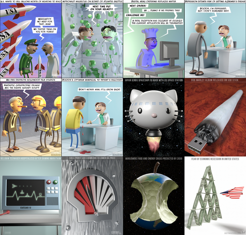 A collage of 3D news cartoons for the Dutch NU.nl site.