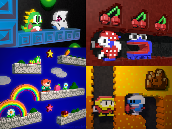 Voxel art style 3D interpretations of the classic arcade games Bubble Bobble, Mr. Do, Rainbow Islands and Dig Dug.