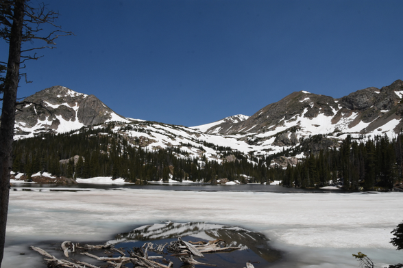 Large snowy peaks surround a lake mostly covered with ice and snow