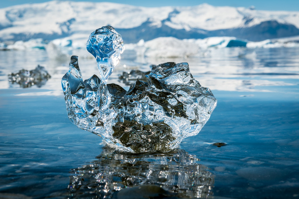 Close up of small iceberg on the beach at the Jokulsarlon glacial lagoon in Iceland.