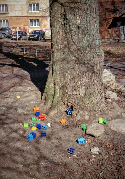 A thick tree trunk with colorful Lego pieces lying nearby. A thick shadow falls from the tree trunk. Houses and cars are visible behind it.