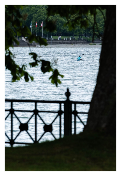 Foto im Hochformat. Teleaufnahme.  Im Vordergrund sind die Silhouetten von einem Baumstamm, einem Zaun und ins Bild ragenden Ästen. Dahinter ist ein See. Die Silhouetten rahmen auf dem See eine Person ein, die paddelt.