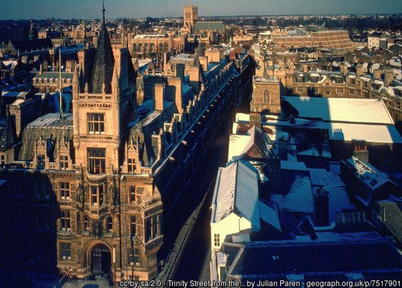 Seen from a church tower a view of the rooftops of Cambridge 