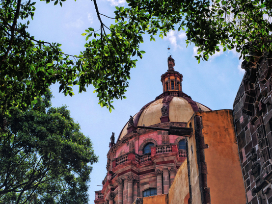 Dome of the Church of the Immaculate Conception in San Miguel de Allende, Mexico, with leafy tree branches in the foreground