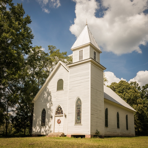 Philomath Presbyterian Church – A small white wooden church with horizontal siding stands in a grassy clearing surrounded by mature trees. The church features a tall pointed steeple with a metal roof, Gothic-style arched windows with decorative glass, and double front doors with a wreath hanging between them. The building appears to be a traditional rural or country church, photographed on a partly cloudy day with blue sky and white clouds visible above the tree canopy. The church sits on what appears to be a stone or brick foundation, and the surrounding lawn area shows some natural wear patterns in the grass.