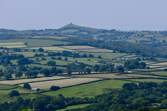 A view across hay fields to a church on a hill.