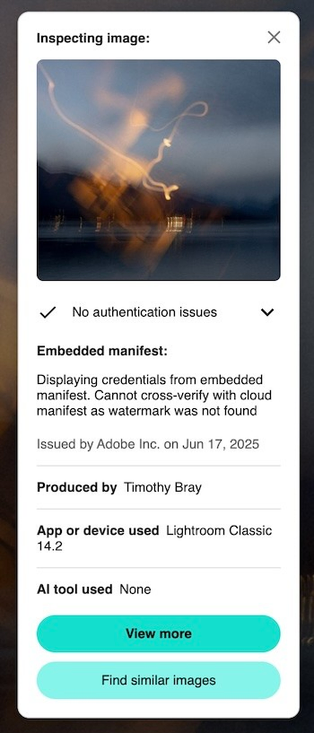A C2PA verifier popup with a thumbnail of the picture, a hard-to-understand about embedded vs cloud credentials, a confirmation that this information was published by Adobe, that the photo was produced by Timothy Bray, and that it was processed with Lightroom.