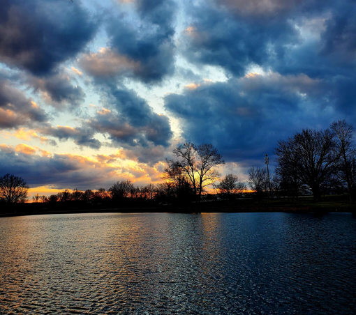 Winter sunset. Trees across a pond, sunset behind trees.
