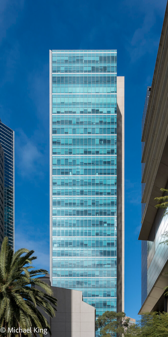 Green glass and double blinds at 33 Little Lonsdale St.