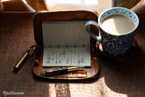 Zipped notebook, coffee and fountainpen (waterman)