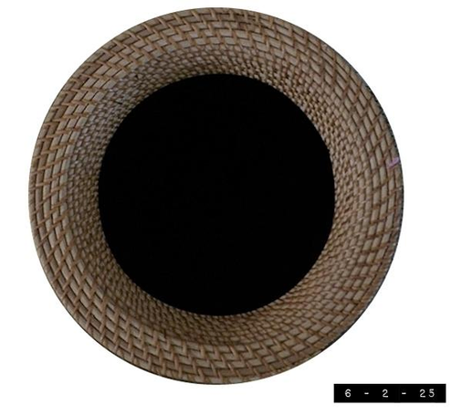 Overhead view of a brown metal vase/urn with a woven rattan top; 26" high by 12" wide with a 7" opening.  I suppose it would make a nice umbrella stand but I'm using it to hold a collection of 4.5' tall artificial fronds.  Purchased at Pier 1 about 13 years ago.  