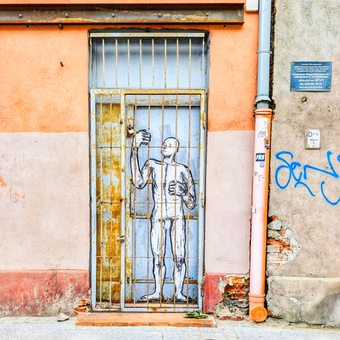 Street art inside a rusty doorway. A cartoon man takes a selfie.