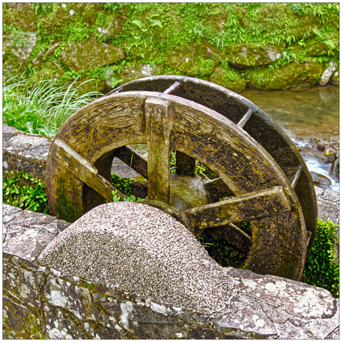 Smallish waterwheel between narrow walls with water, stones, and greenery in the background.