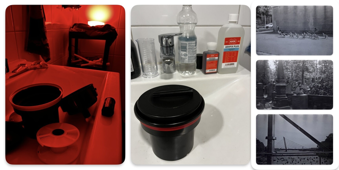 Multiple images combined into one: bathroom lit in red, for loading the film in the tank; bathroom in normal light, fluids ready for developing the film; a couple frames scanned by phone