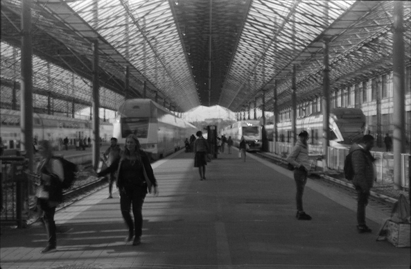 Black and white photo at Helsinki railway station