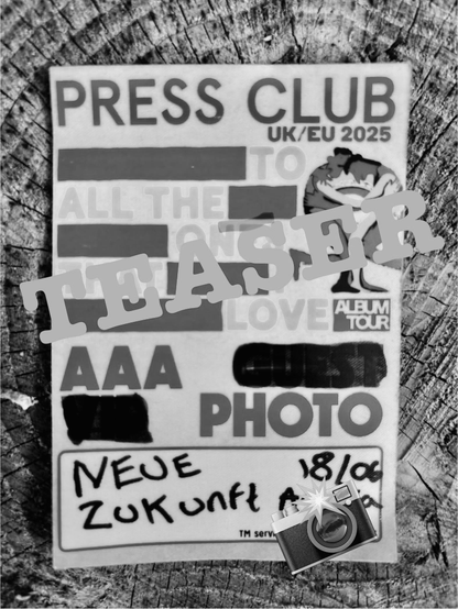 The image features a black-and-white press pass for the "PRESS CLUB UK/EU 2025," with sections labeled "AAA," "PHOTO," and a handwritten note. 