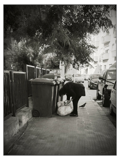 In una strada urbana, una donna curva rovista in un sacco della spazzatura, accanto a una fila di bidoni dei rifiuti sul marciapiede. È vestita di scuro e ha i capelli sciolti. La scena è immersa nell’ombra proiettata da un albero. A pochi passi da lei, un piccione cammina sul marciapiede. L’ambiente è urbano e ordinario: palazzi con balconi, auto parcheggiate su entrambi i lati della strada, luce diurna.