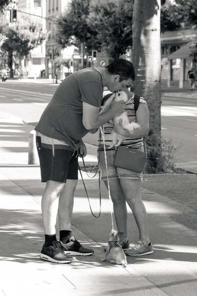 Black and white picture of a couple and their dog. The dog is held up by the woman while the man is kissing the dog on its head.