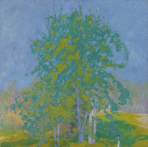 A Symbolist painting, depicting a group of birch trees on a grassy lawn under a blue sky. A single figure, a woman in a white dress, is visible in the lower right. The trees are in full leaf.